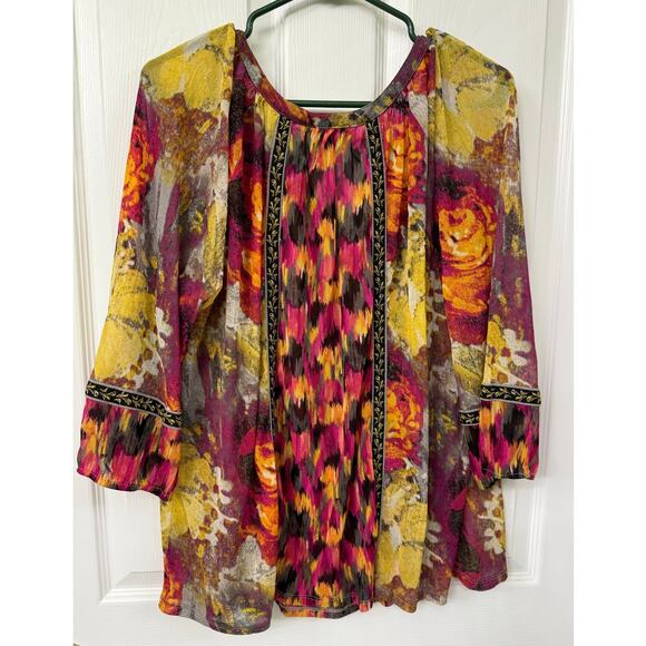 Alfani 3X blouse vibrant abstract floral ikat yellow orange pink 3/4 sleeve - Picture 2 of 6